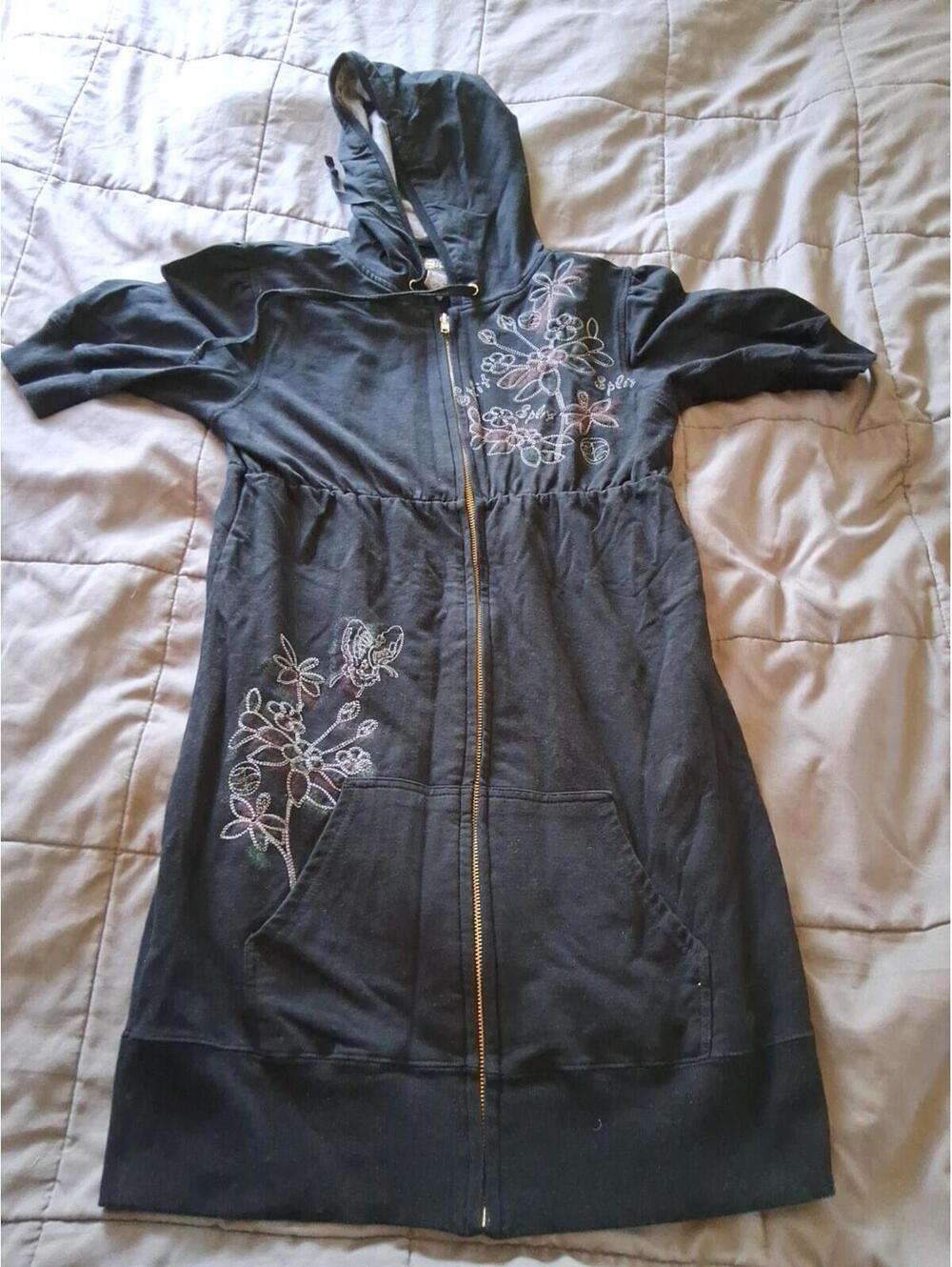 Split Medium Black Floral Butterfly Zip Up Hoodie Dress A2